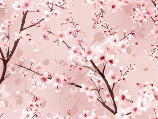 Seamless vector pattern featuring delicate cherry blossom branches with sakura flowers and petals cascading against a soft pink background, creating a harmonious and elegant floral design