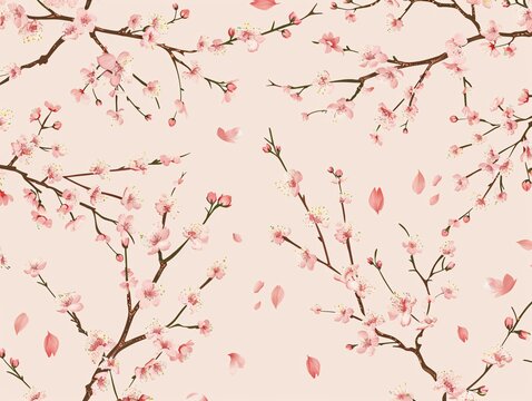 Refined vector pattern showcasing cherry blossom branches with clusters of sakura flowers and falling petals, set on a light pink background, capturing the essence of spring in a continuous and