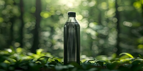 Create realistic image of biodegradable water bottle from renewable plastics highlighting ecofriendly features. Concept Eco-friendly product design, Biodegradable materials, Renewable plastics