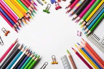 Fototapeta premium Educational and creative display of school supplies in X shape on a white background,