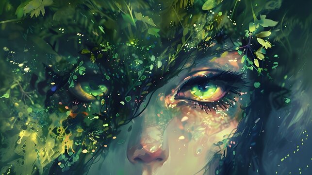 Enchanting Ethereal Forest Spirit Gazing with Glowing Green Eyes