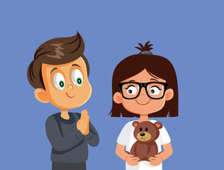 Boy Asking Polite to Play with a Toy Vector Cartoon. Little girl sharing with kindness her toys with little brother 
