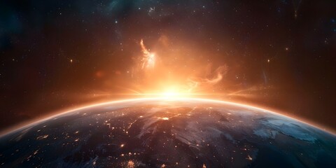 Fototapeta premium Aurora glows in abstract universe Earth surrounded by Cosmic Rays sun explodes. Concept Aurora Borealis, Abstract Universe, Cosmic Rays, Sun Explosion, Earthscape