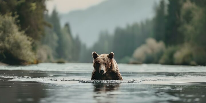 Brown bear in river with forest and mountains in background wildlife scene. Concept Wildlife Photography, Bear in River, Nature Backdrop, Forest Landscape, Mountain Scenery