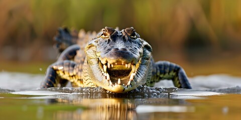 Fototapeta premium Crocodile with open mouth in river ready to strike. Concept Wildlife Photography, Crocodile Behavior, Reptiles in Action, Animal Encounters, Predatory Behavior