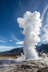 Fototapeta premium A powerful geyser erupting against a backdrop of rugged mountains, sending a plume of steam and water high into the sky, Generative AI