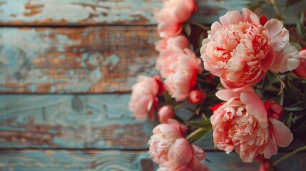 Bouquet of peonies, beautiful peonies on an old wooden background. Interior with flowers. Vintage retro style