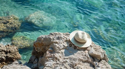 Hat and sunglasses on the rock clear sea