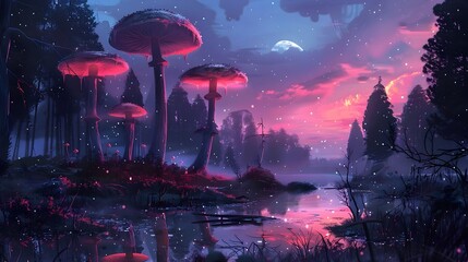 Enchanting Mushroom Forest Lake at Mystical Night with Glowing Moon and Stars
