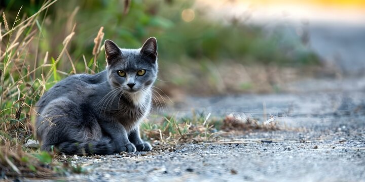 Gray cat found on the road returns home seeking owner or shelter. Concept Lost Pets, Cat Owners, Animal Shelters, Road Safety, Pet Identification
