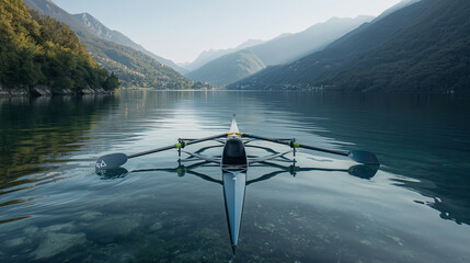 Rowing on a calm lake surrounded by mountains at dawn. Concept of peaceful water sports and natural beauty.