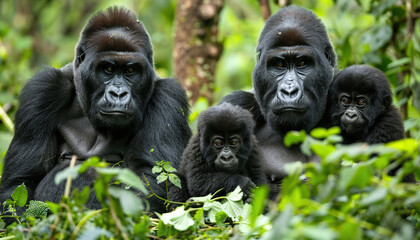 A gorilla family with a baby gorilla in the forests of Central Africa, African jungle, dense rainforest, Green Background, Nature Wallpaper