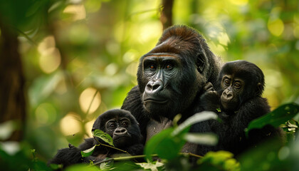Obraz premium A gorilla family with a baby gorilla in the forests of Central Africa, African jungle, dense rainforest, Green Background, Nature Wallpaper