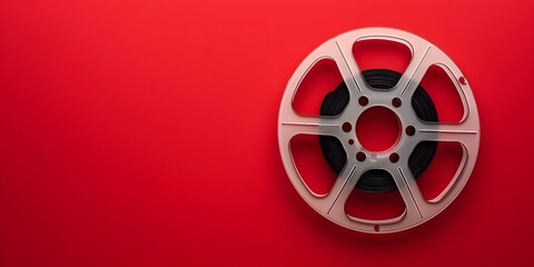 Obraz premium Vintage film reel on red background for film festival brochure Retro vibes. Concept Film Festival, Vintage Vibes, Red Background, Retro Design, Brochure Design