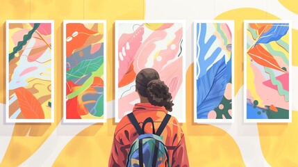 Person with backpack admiring colorful abstract art in gallery, vibrant and contemporary pieces displayed