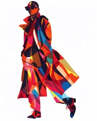 Vibrant abstract illustration of fashionable person in colorful coat and sunglasses walking confidently.