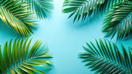 Tropical summer vibes with vibrant palm leaves on a soothing pastel blue background, tropical, summer