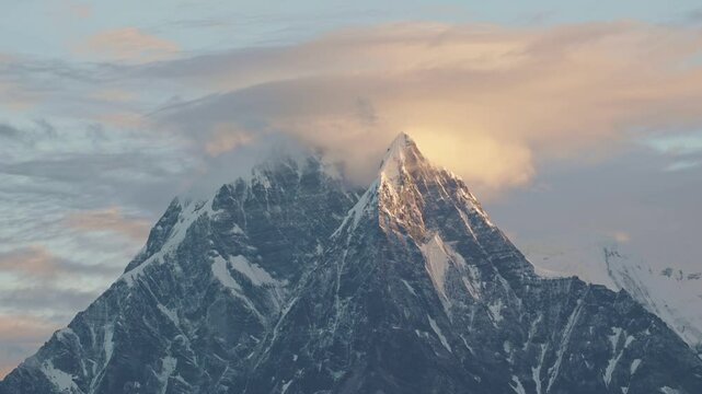 Himalayas Mountains Close Up at Sunset in Nepal, Dramatic Sunset Clouds and Snowcapped Mountain Top Summit, Snow Covered Mountains Landscape Scenery at Poon Hill Viewpoint of Big Tall High Peaks