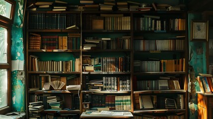 A classroom bookshelf filled with novels and reference books