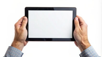 Close-up of hands holding a digital tablet with a blank screen on a white background, technology, touch screen, internet
