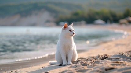 Portrait of a beautiful white domestic cat sitting proudly on the sandy beach