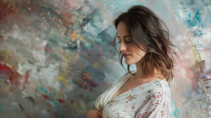 Maternity Elegance: Minimalist Close-Up Portrait of a Glowing Pregnant Woman in Stylish Attire with Modern Art Background, Space for Text. Ideal for Commercial Use.