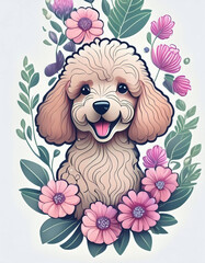 귀여운 행복 푸들 개와 분홍색 꽃 레이어 로고, 흰색 배경