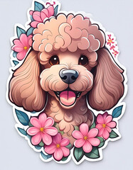 귀여운 행복 푸들 개와 분홍색 꽃 레이어 로고, 흰색 배경