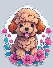 귀여운 행복 푸들 개와 분홍색 꽃 레이어 로고, 흰색 배경