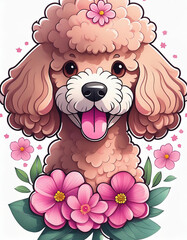 귀여운 행복 푸들 개와 분홍색 꽃 레이어 로고, 흰색 배경