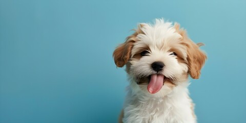 Obraz premium Lively puppy sticking out tongue while licking its nose against a blue backdrop. Concept Make sure to use a fast shutter speed to capture the puppy's playful expression and vibrant colors against the