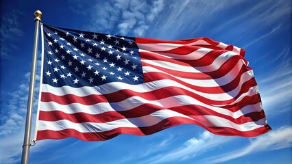 Fototapeta premium Close up of American flag waving in the wind, patriotic, USA, stars and stripes, red white and blue