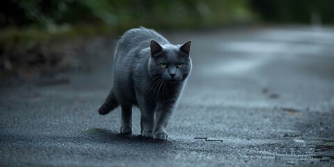 Lost Gray Cat Seeks Owner or Shelter After Being Found on the Road. Concept Lost Pets, Animal Rescue, Pet Adoption, Missing Cat, Shelter Assistance