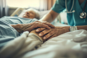 Fototapeta premium The nurse's hand caresses the old man's hand on the hospital bed