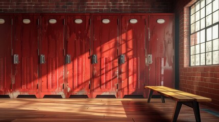 Empty locker room with red lockers and wooden bench. Concept of sports facilities and team preparation.