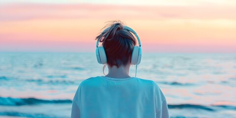 Listening to music in vaporwave fashion at a beach sunset. Concept Vaporwave Music, Beach Sunset, Relaxing Vibes, Aesthetic Experience