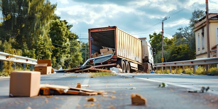 a modern overturned truck on the road with Furniture scattered on it. Concept Vehicle Accident, Scattered Furniture, Overturned Truck, Road Mishap, Emergency Response