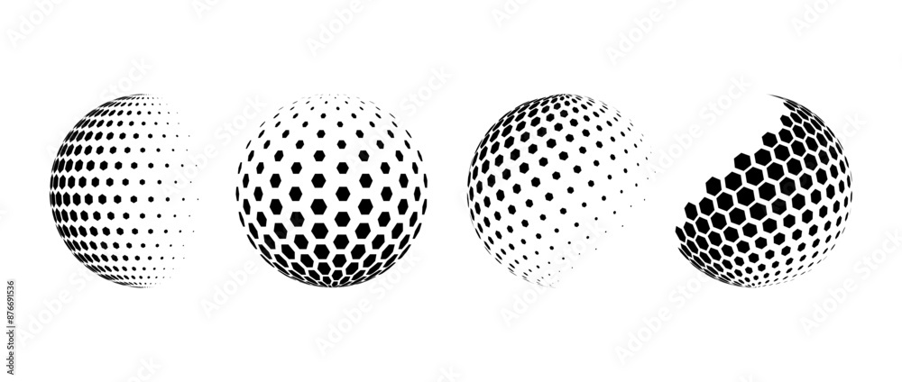 Poster Fading halftone pattern sphere set. Hexagon wireframe 3d circle collection. Black grid globe element bundle. Round vanishing shape pack for tech poster, banner, cover, emblem. Vector spinning objects