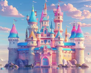 A castle with a pink and blue roof and a blue and pink tower