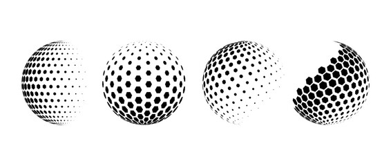 Fading halftone pattern sphere set. Hexagon wireframe 3d circle collection. Black grid globe element bundle. Round vanishing shape pack for tech poster, banner, cover, emblem. Vector spinning objects