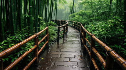 Obraz premium Tranquil Tapestry: Sunlight, Mist, and Bamboo in the Shunan Forest