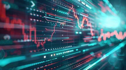 Fototapeta premium Double Exposure Market Trends and Predictions: Double exposure of past market trends with fluctuating red and green graph lines and future market predictions on a digital screen.