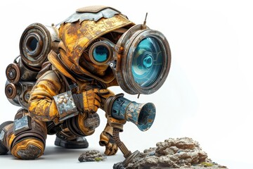 A robotic is looking through a camera lens