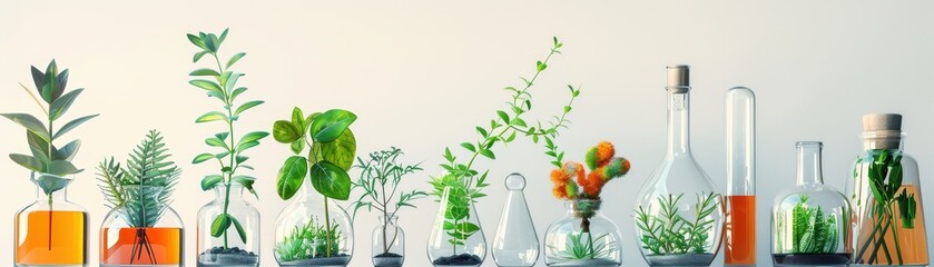 A row of glass vials and plants are lined up on a table
