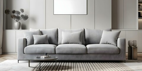 Modern Art Deco Living Room with Gray Sofa, Striped Coffee Table, and Rug. Concept Art Deco Design, Gray Sofa, Striped Coffee Table, Rug Décor, Modern Living Room