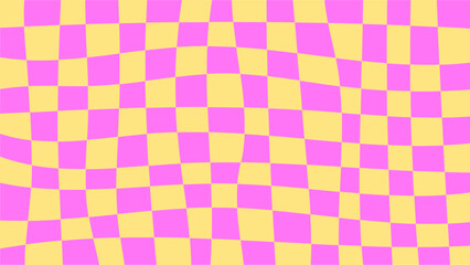 Playful Chessboard Background. Modern vibrant pink and yellow 1920x1080 ratio backdrop with curvy wavy distorted texture. Vector illustration.