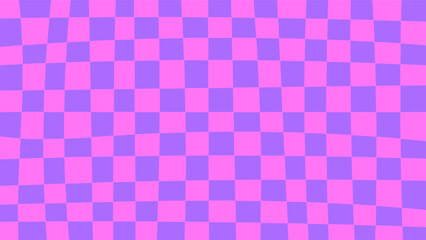 Purple Chessboard Background. Hand drawn curvy checkerboard texture. Distorted optic illusion 1920x1080 backdrop. Vector illustration