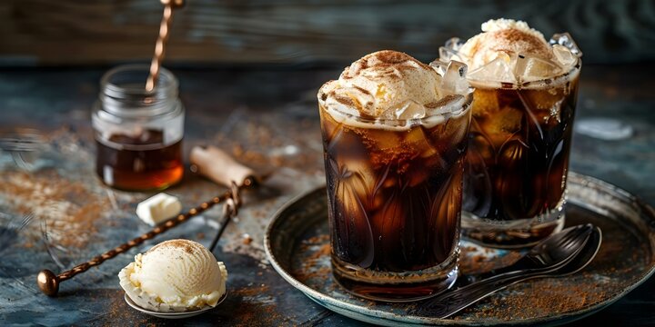 Jager Cola Float with Vanilla Ice Cream and Spiced Rum. Concept Float Recipes, Alcoholic Desserts, Cocktails, Vanilla Ice Cream Treats