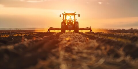 Fototapeta premium Tractor plowing field at sunset for sowing seeds. Concept Agriculture, Farming, Tractor, Sunset, Sowing Seeds