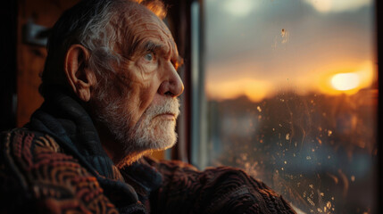 Thoughtful elderly man gazing out a window at a beautiful sunset, reflecting on life and memories.
